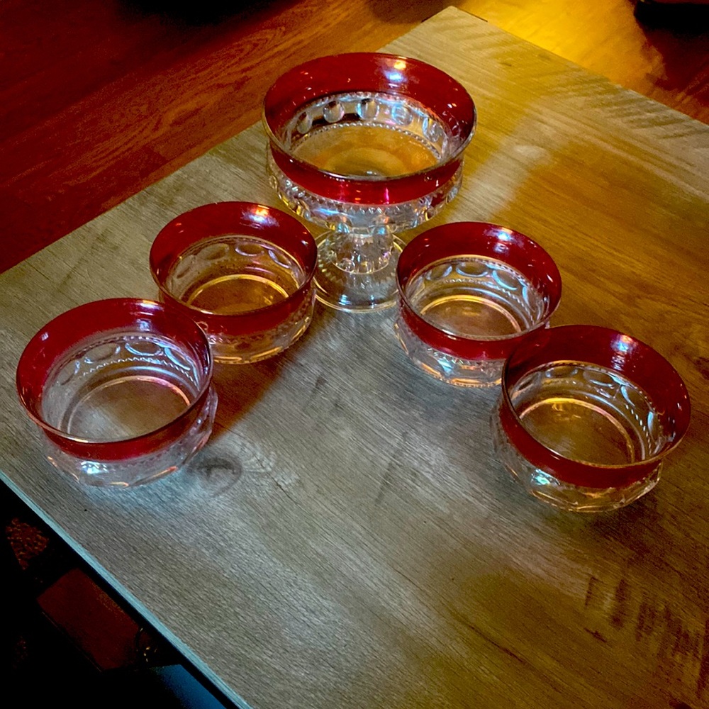 Vintage Ruby Red Kings Crown Footed Thumbprint Compote and Serving Bowls